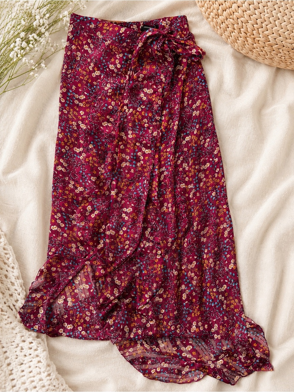 Sabina Musayev Floral Metallic Midi Skirt XS Burgundy Tie Waist Sheer